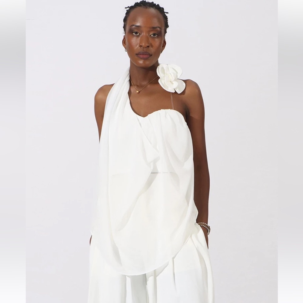 TWOTWINSTYLE V Neck Pleated Sexy Backless Blouse Top White Large NWT